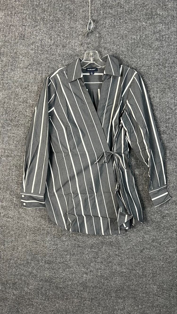 Studio Park x Leah Williams Woven Wrap Shirt Womens Small Gray Striped Office